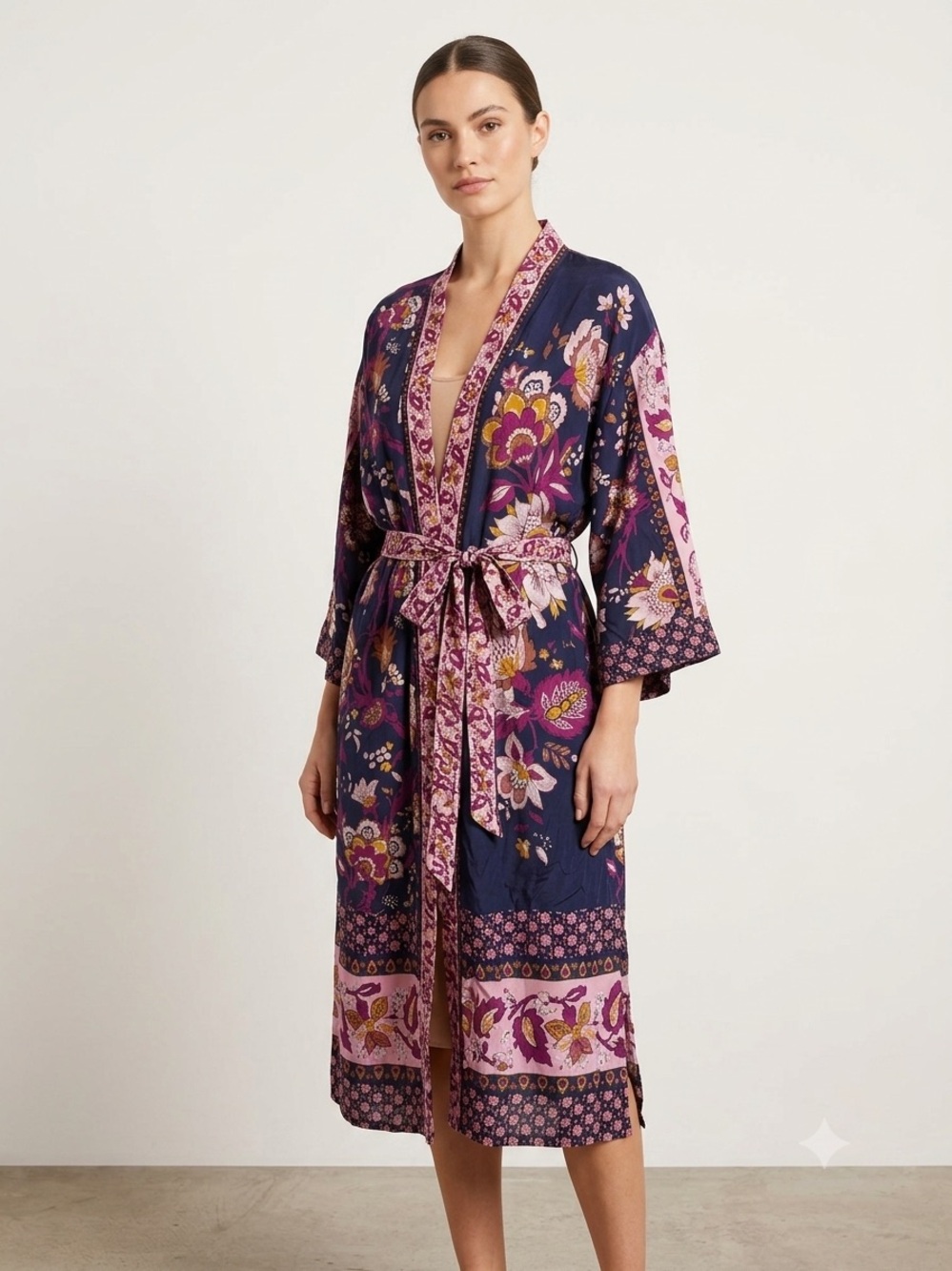 Sundance Boho Floral Kimono Robe Womens M/L Navy Pink Viscose  Duster Pockets